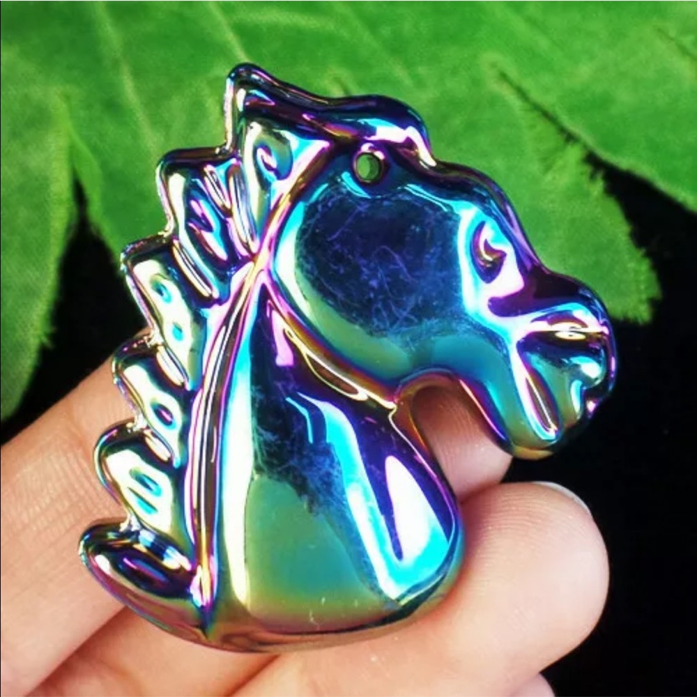 Rainbow titanium crystal horse head necklace